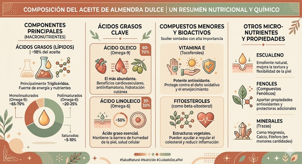 Composición del aceite de almendras dulces: ácidos grasos, vitaminas y su función en la piel seca