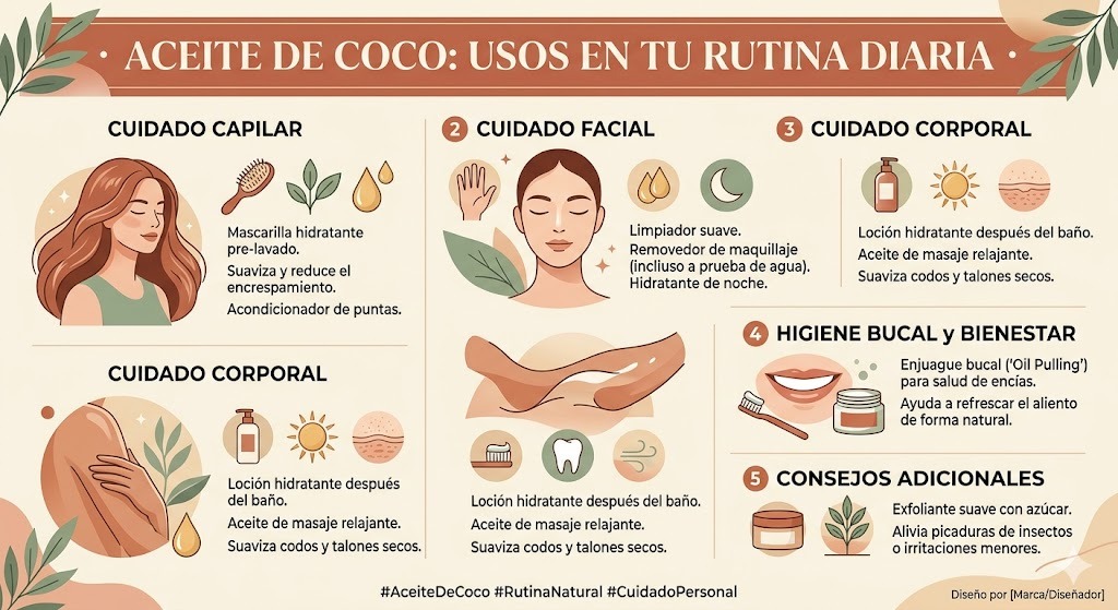 Usos del aceite de coco en la rutina de skincare: desmaquillante, tratamiento capilar, exfoliante e hidratante nocturno