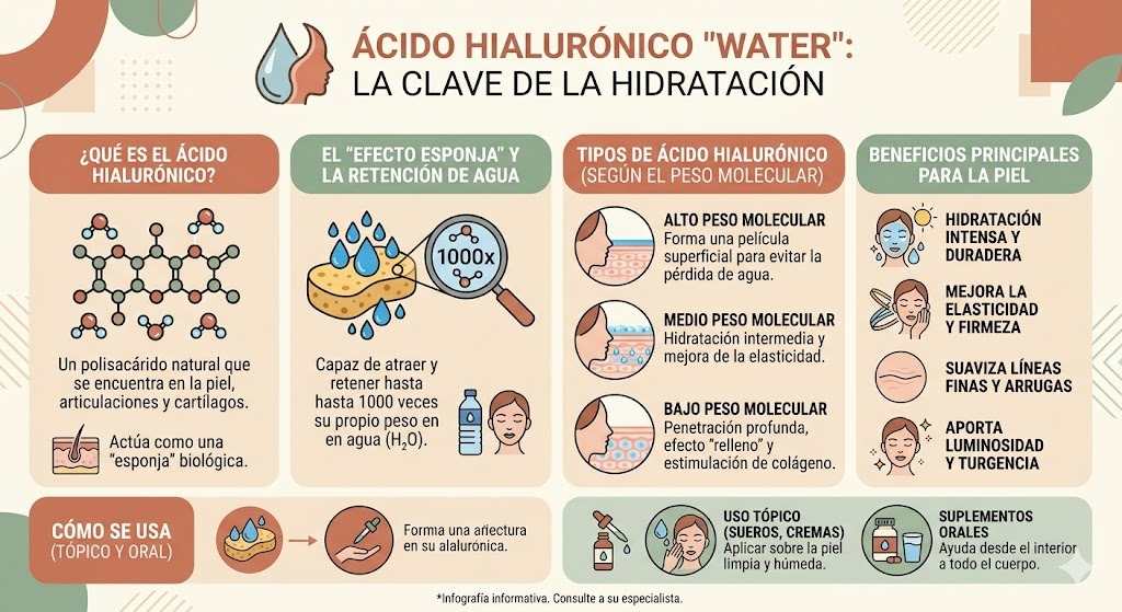 Infografia del ácido hialurónico atrayendo agua en las capas de la piel