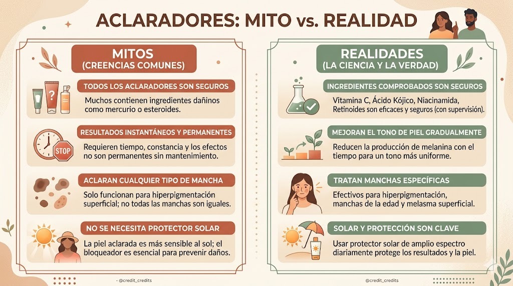 Mitos vs realidad de cremas aclaradoras: ingredientes que funcionan con evidencia vs remedios caseros sin efecto comprobado