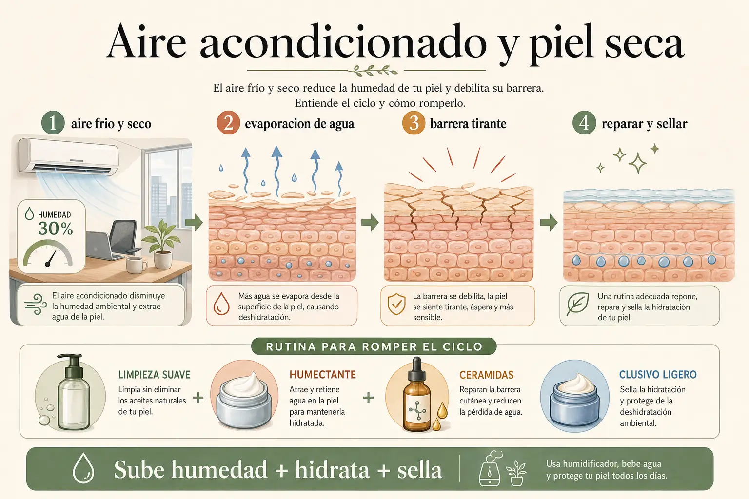 Como el aire acondicionado reseca la piel en oficinas y soluciones practicas