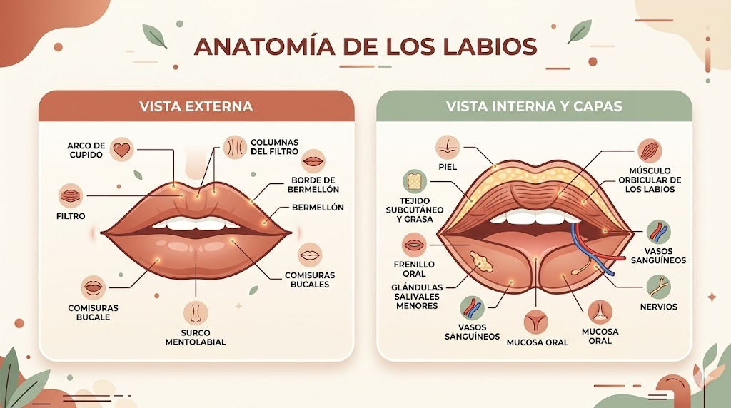 Anatomia del labio: por qué se reseca más rápido que el resto de la piel - sin glandulas sebaceas, sin melanina, estrato corneo delgado