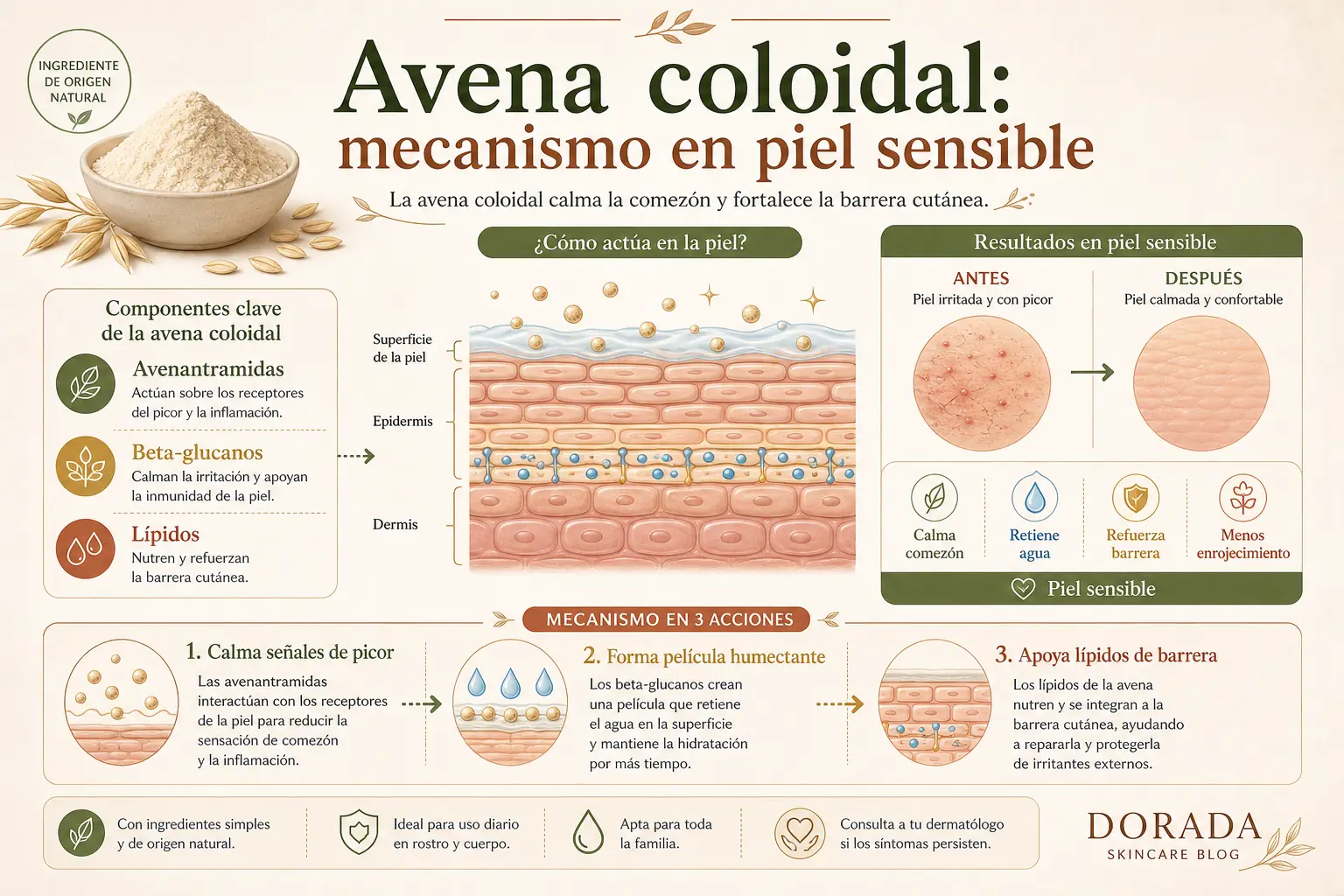 Mecanismo de acción de la avena coloidal en la piel: avenantramidas, beta-glucanos y lípidos con sus funciones especificas