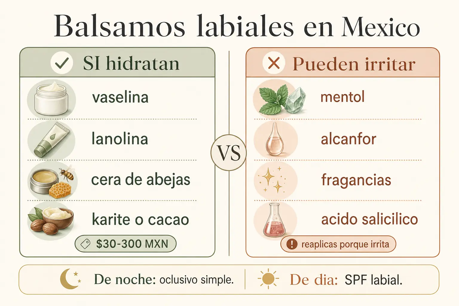 Balsamos labiales en México: ingredientes que hidratan vs ingredientes que pueden irritar, con rutina de dia y noche