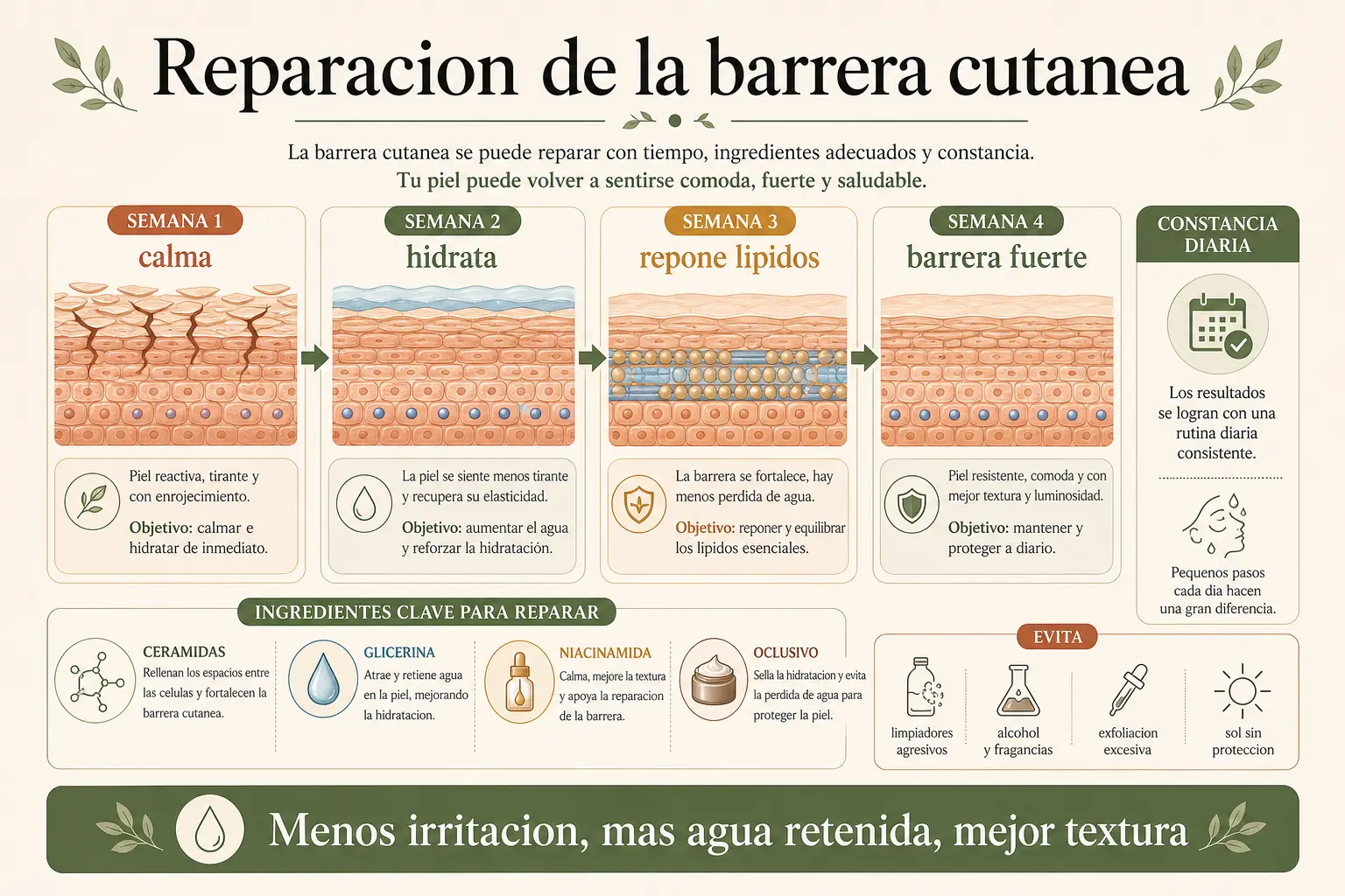 Proceso de reparación de la barrera cutánea en piel sensible y seca: como se recupera semana a semana con tratamiento constante