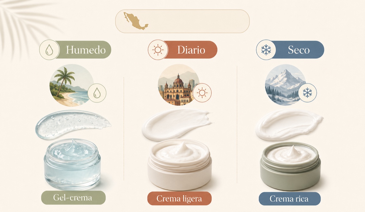 Texturas faciales para cara reseca en México: gel-crema, crema ligera y crema rica con recomendaciones según clima y zona del país