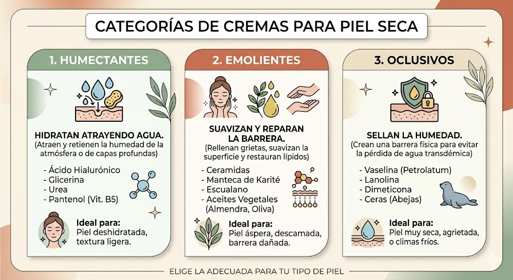 Categorias de cremas para piel seca: humectantes, emolientes, oclusivos y reparadores con ingredientes clave