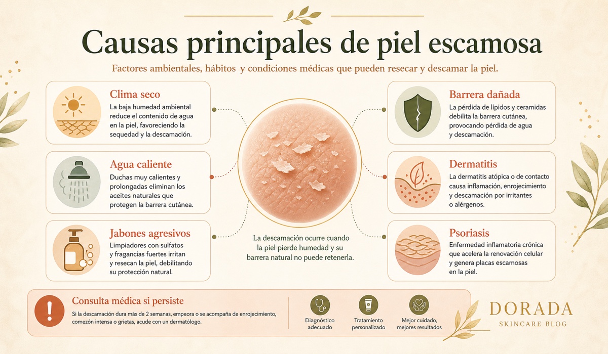 Causas principales de piel escamosa: factores ambientales, hábitos y condiciones médicas
