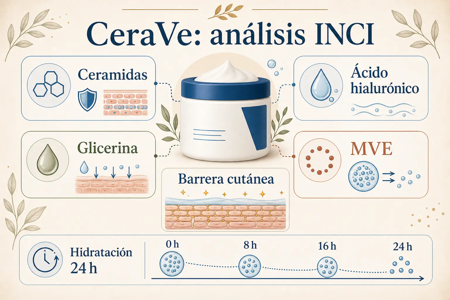 Análisis INCI de CeraVe Crema Hidratante: ceramidas esenciales, ácido hialurónico y tecnología MVE de liberación prolongada