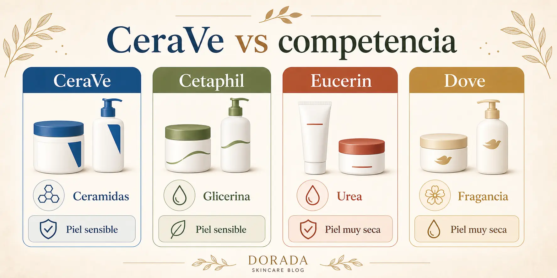 Comparación de CeraVe con Cetaphil, Eucerin y Dove: ingredientes activos, precios en México y tipo de hidratación
