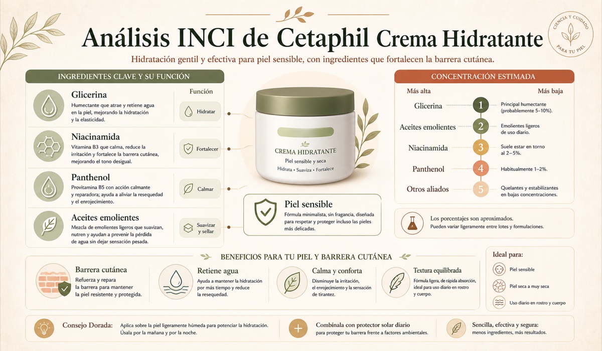 Análisis INCI de la crema hidratante Cetaphil: desglose de ingredientes principales con función y concentración estimada