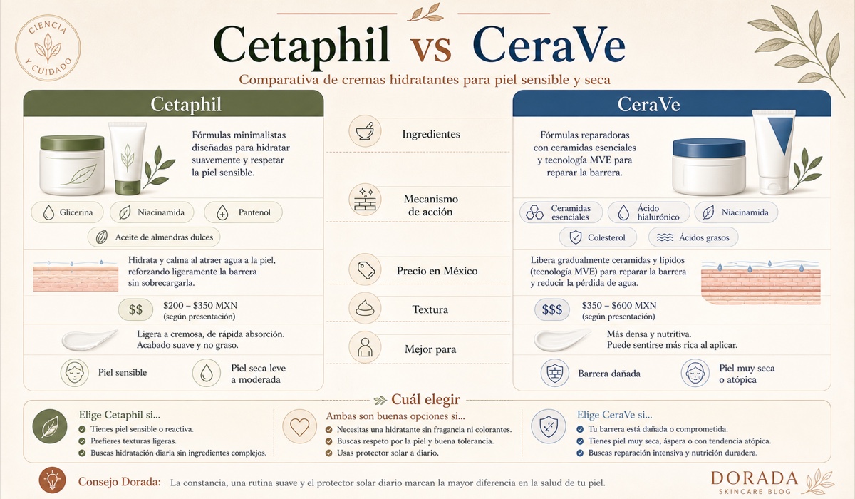 Comparación Cetaphil vs CeraVe: ingredientes clave, mecanismos de acción, precios en México y para quien funciona mejor cada una
