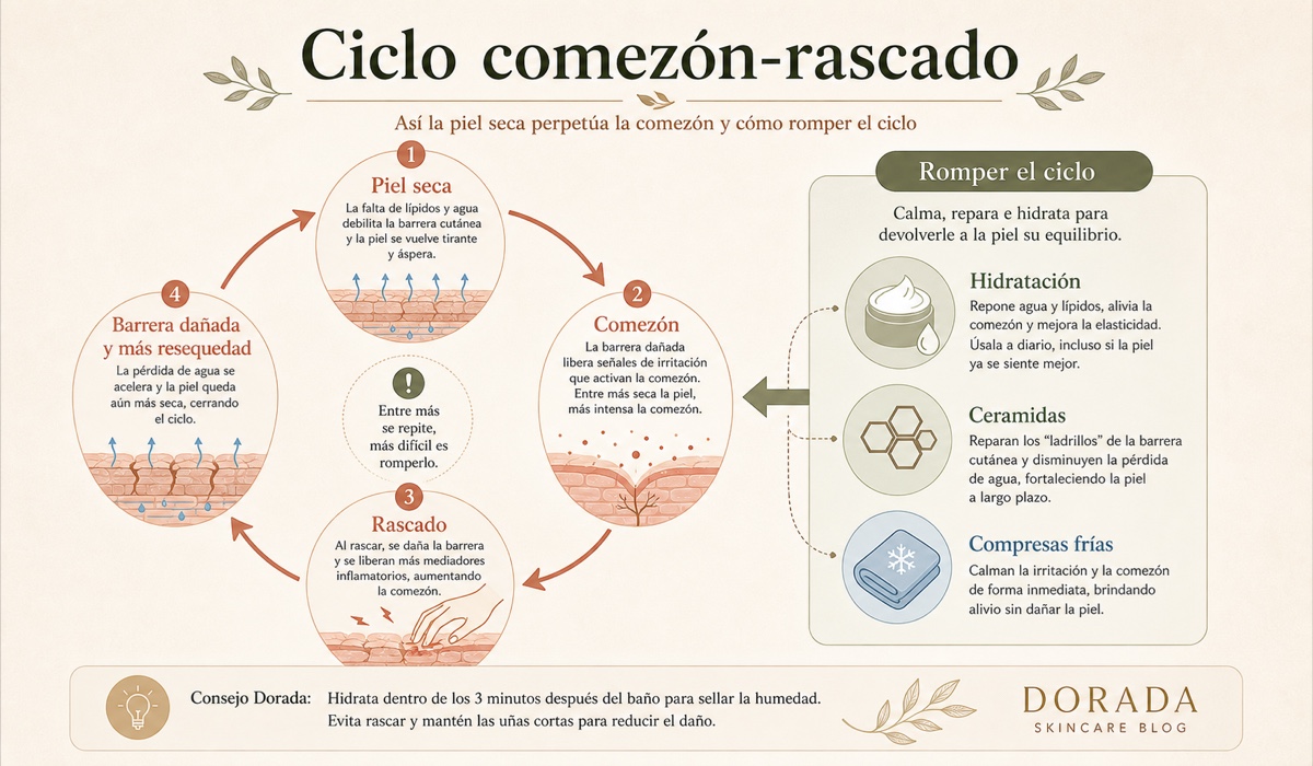 Ciclo comezón-rascado: como la piel seca desencadena picazon, el rascado daña la barrera y como romper el ciclo con hidratación