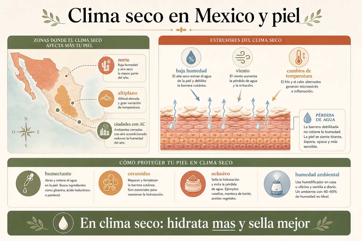 Mapa de zonas con clima seco en México donde el AC agrava la resequedad cutánea: Monterrey, CDMX y Hermosillo