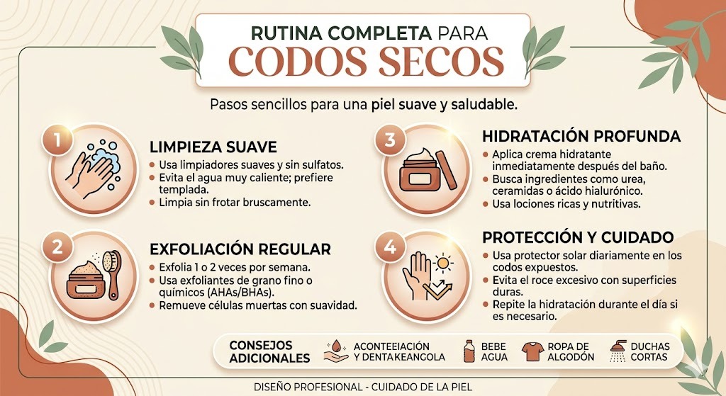 Rutina diaria y semanal para codos secos y oscuros: exfoliación con urea, hidratación con manteca y tratamiento intensivo