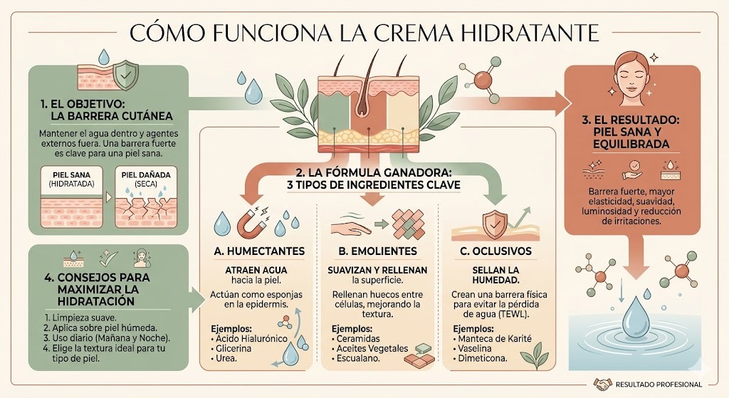Diagrama de cómo funciona una crema hidratante: capas de la piel y acción de humectantes, emolientes y oclusivos