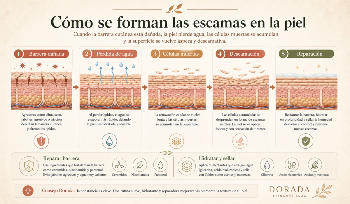 Proceso de formación de escamas en la piel: células muertas que se acumulan cuando la barrera cutánea está dañada
