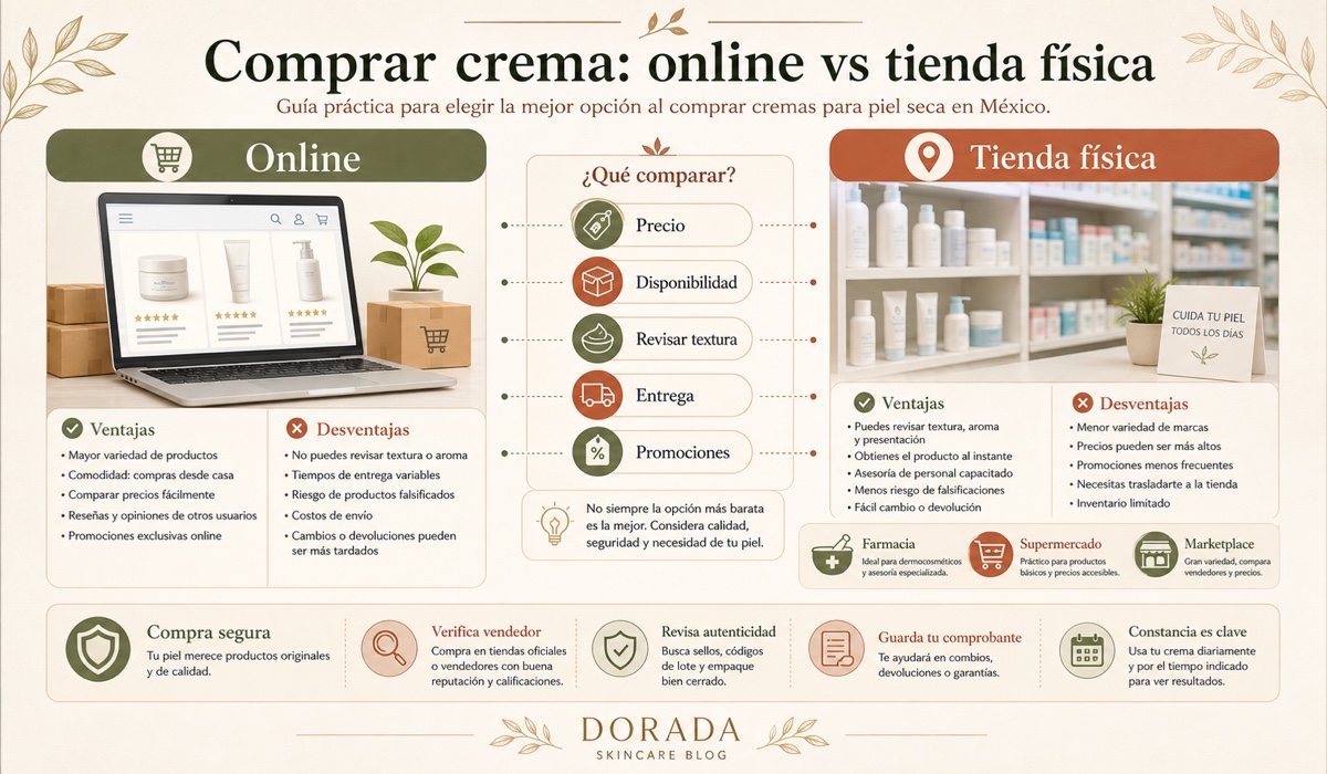 Comparativa: comprar crema para piel seca online vs tienda física en México con ventajas y desventajas de cada canal