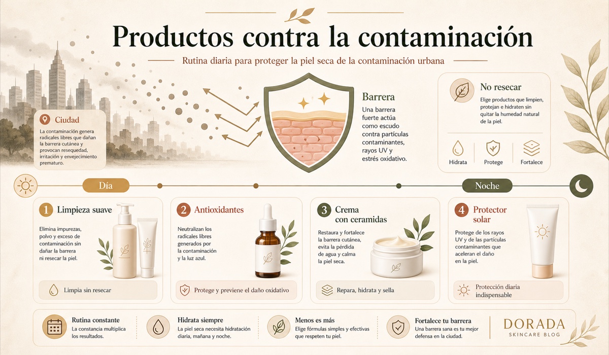 Productos que protegen la piel de la contaminación en ciudades mexicanas: barreras antioxidantes, limpiadores y cremas reparadoras