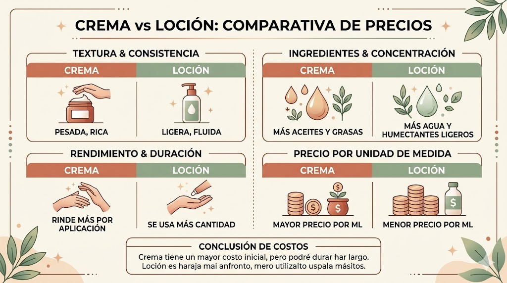 Comparativa de precio crema vs locion corporal: costo real por mes según formato, duracion y frecuencia de aplicación en México