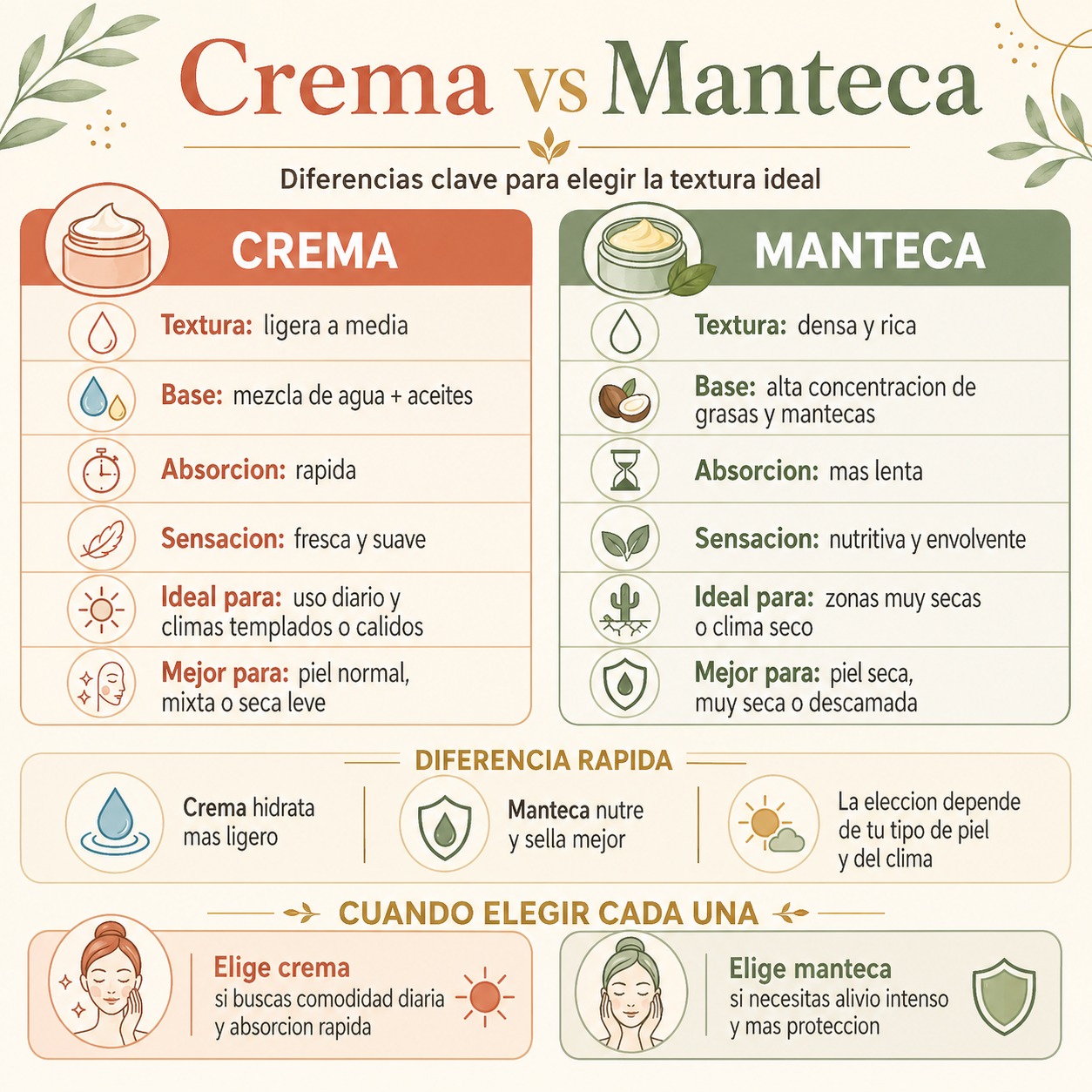Detalle comparativo crema vs manteca corporal: absorción, duracion de hidratación y momento ideal de aplicación según clima mexicano