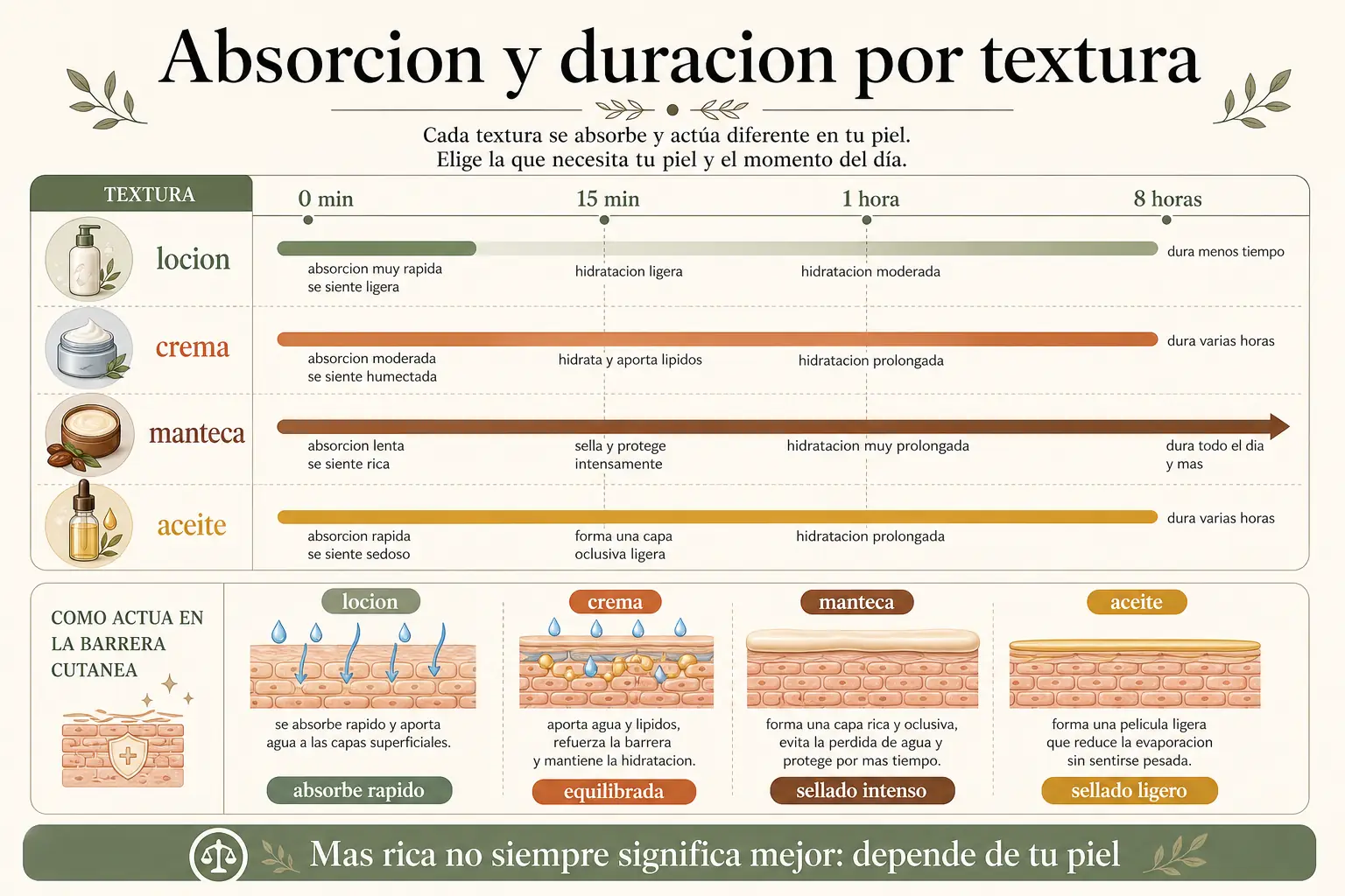 Timeline de absorción y duracion: crema vs locion corporal según el clima mexicano y nivel de resequedad