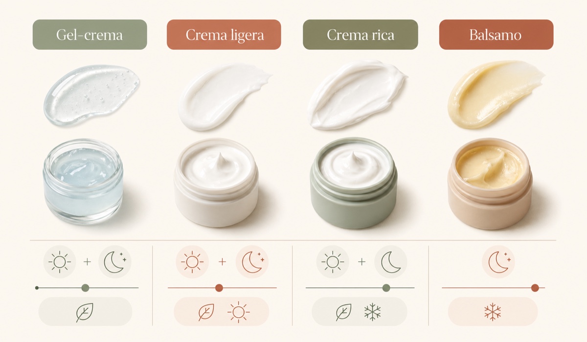 Comparación de texturas faciales: gel-crema, crema, crema rica y balsamo según tipo de piel y momento del dia