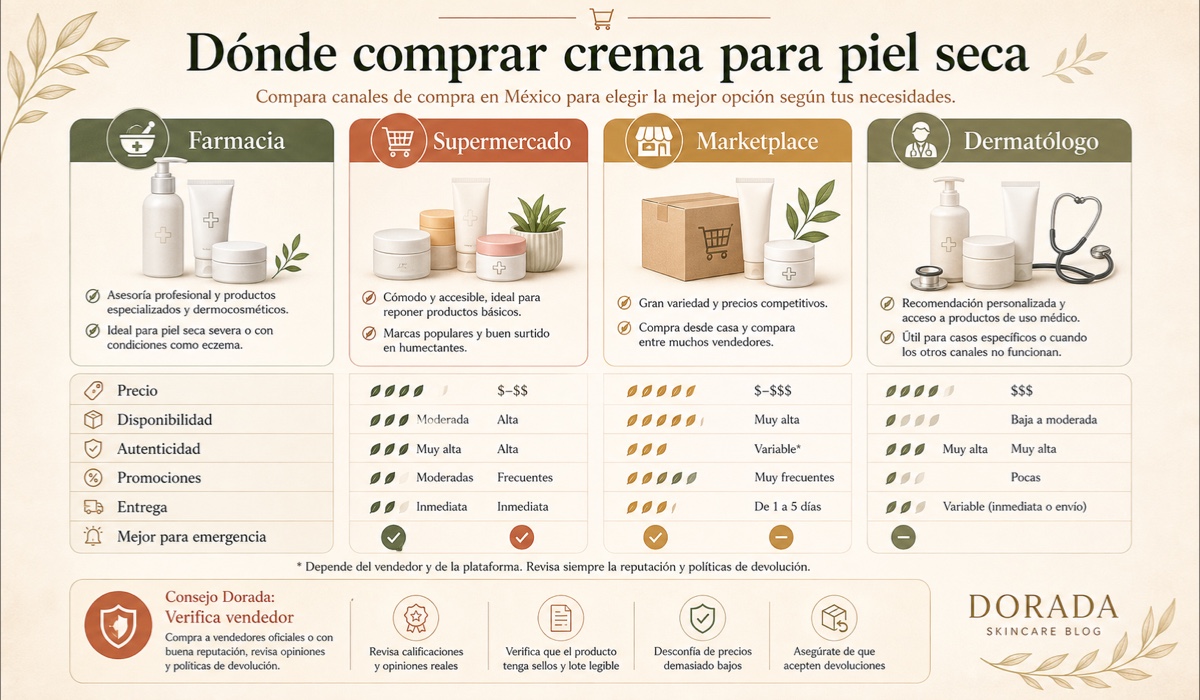 Canales de compra de crema para piel seca en México: farmacias, supermercados, marketplaces y venta directa con precios comparados
