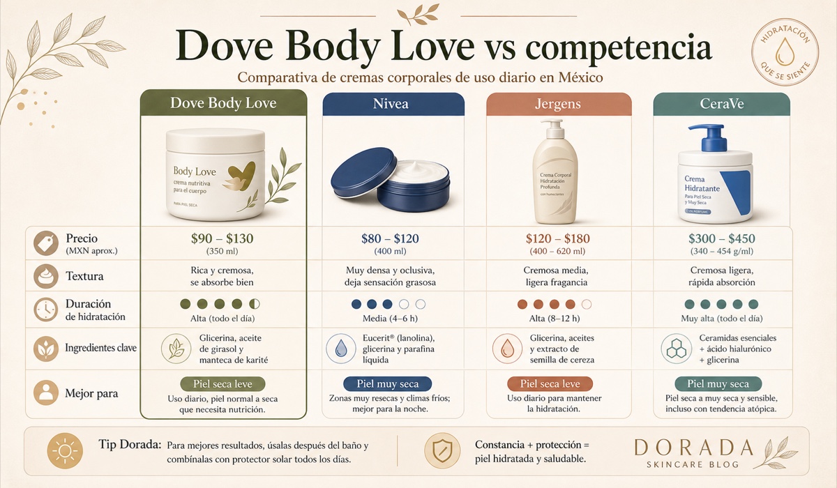Comparación de Dove Body Love con Nivea, Jergens y CeraVe: precio, duracion de hidratación, ingredientes clave y textura