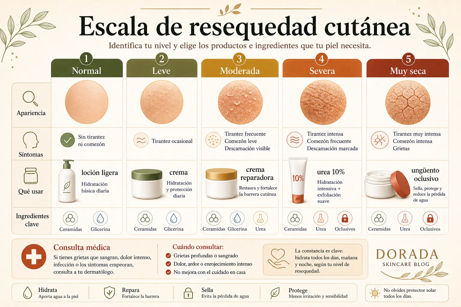 Escala de resequedad cutánea: de piel normal a muy seca con comezón, grietas y productos recomendados para cada nivel
