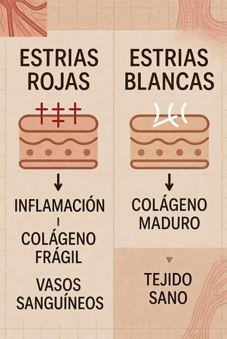 Comparación entre estrias rojas (recientes, tratables) y estrias blancas (cicatrices maduras): estructura de la piel y opciones de tratamiento