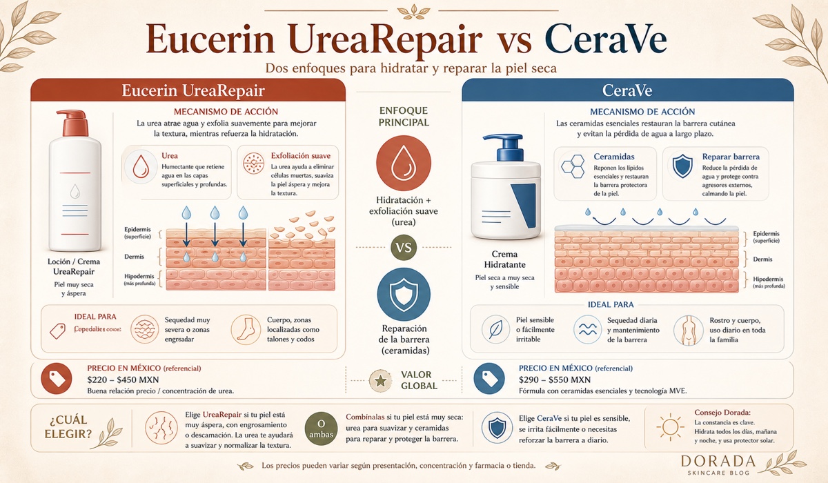Comparación Eucerin UreaRepair vs CeraVe Crema Hidratante: mecanismos de acción diferentes (urea vs ceramidas) para piel seca
