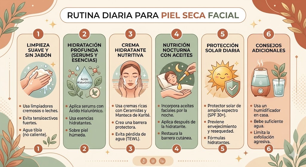 Cuidados faciales para piel seca en México: ingredientes ideales, texturas según clima y rutina de manana y noche