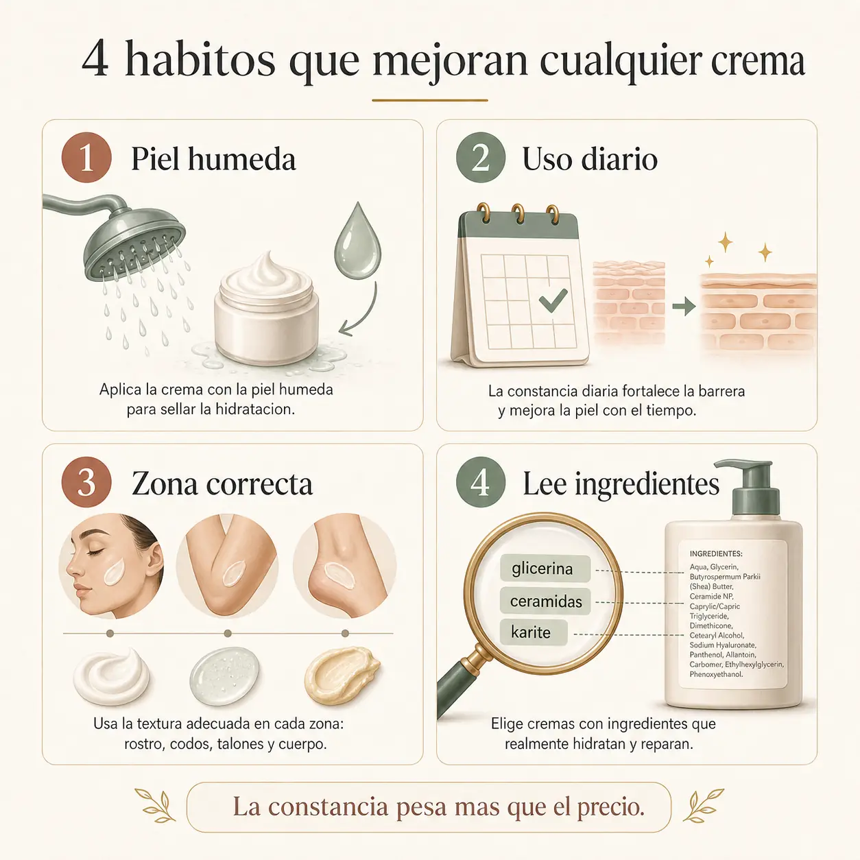 Cuatro habitos que mejoran cualquier crema: piel húmeda, uso diario, zona correcta y leer ingredientes
