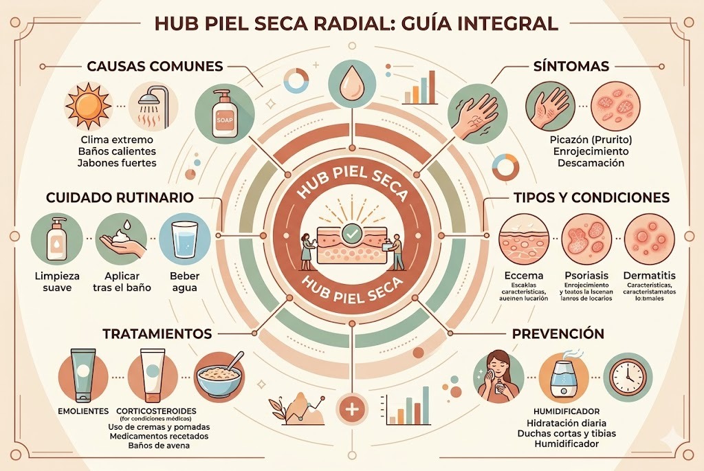 Mapa radial de la piel seca: causas, sintomas, ingredientes clave y tratamientos disponibles en México