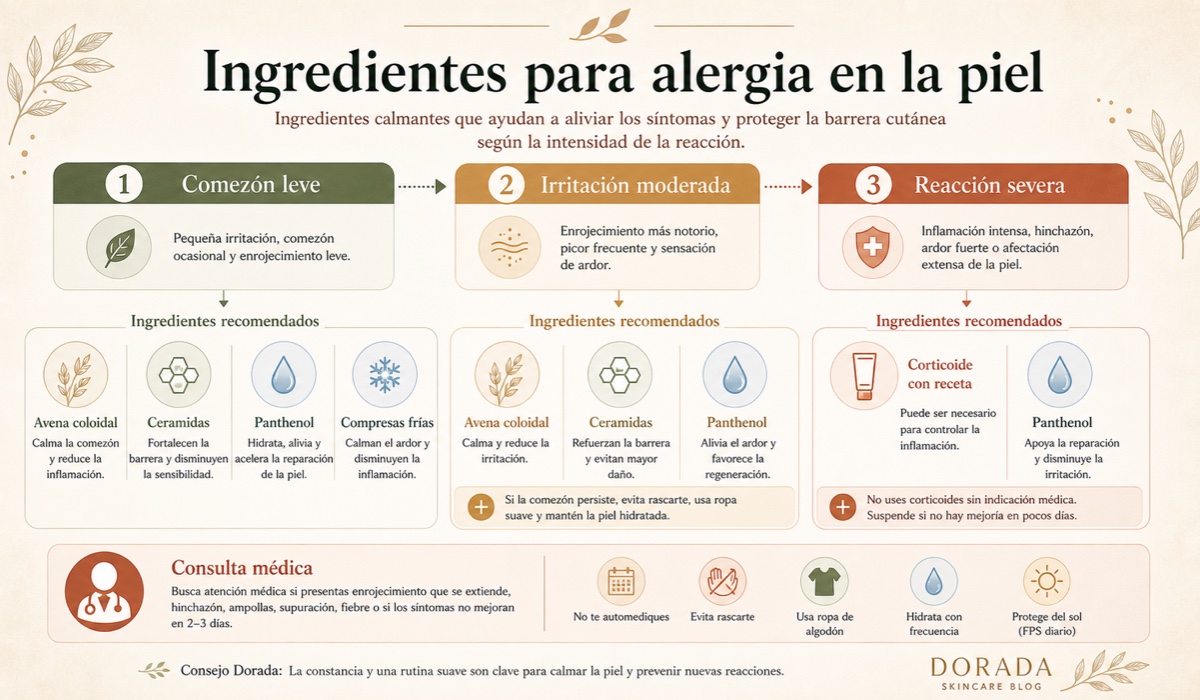 Escala de ingredientes para alergia en la piel según severidad: desde avena coloidal para comezón leve hasta corticoides con receta para reacciones severas