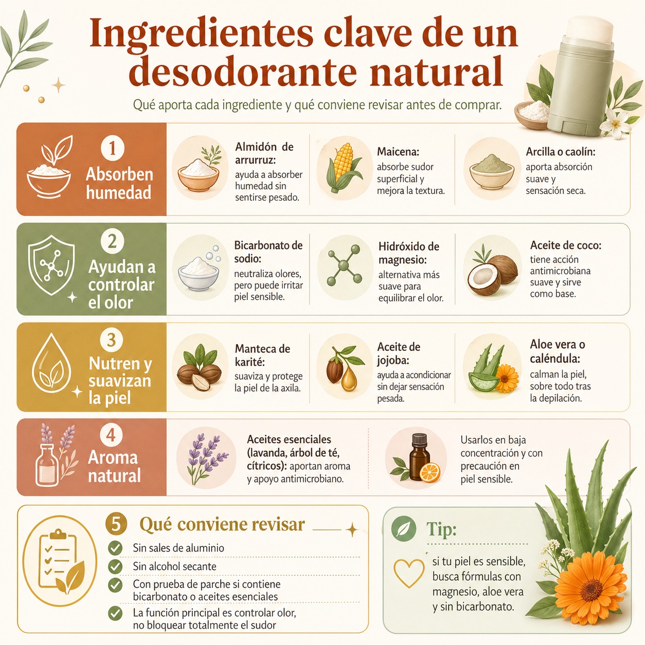 Ingredientes de desodorantes naturales clasificados por eficacia y riesgo de irritación en piel sensible