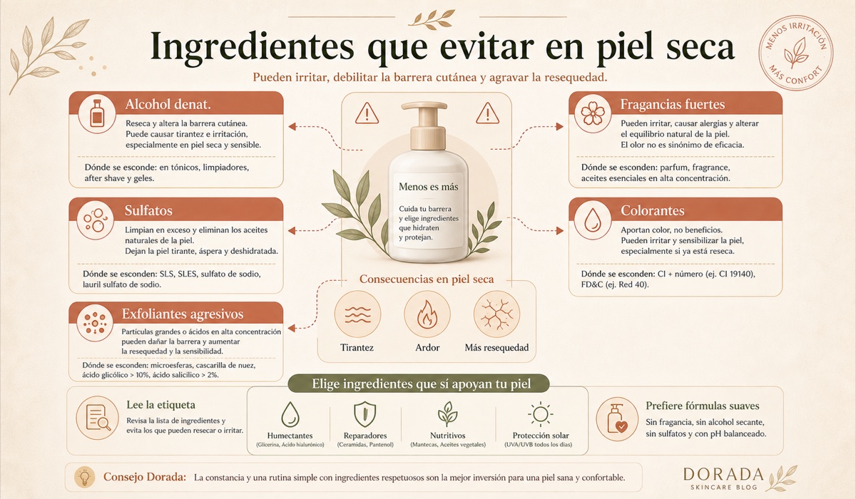 Ingredientes que evitar en cremas para piel seca: alcohol denat, fragancias fuertes, sulfatos y colorantes que empeoran la resequedad