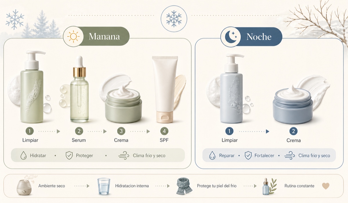 Rutina de cuidado para piel seca en invierno en México: pasos de manana y noche con productos recomendados