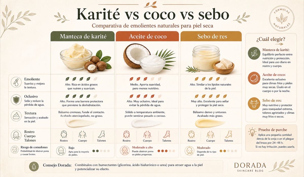 Comparativa de emolientes naturales: manteca de karite, aceite de coco y sebo de res con sus perfiles lipidicos y usos para piel seca