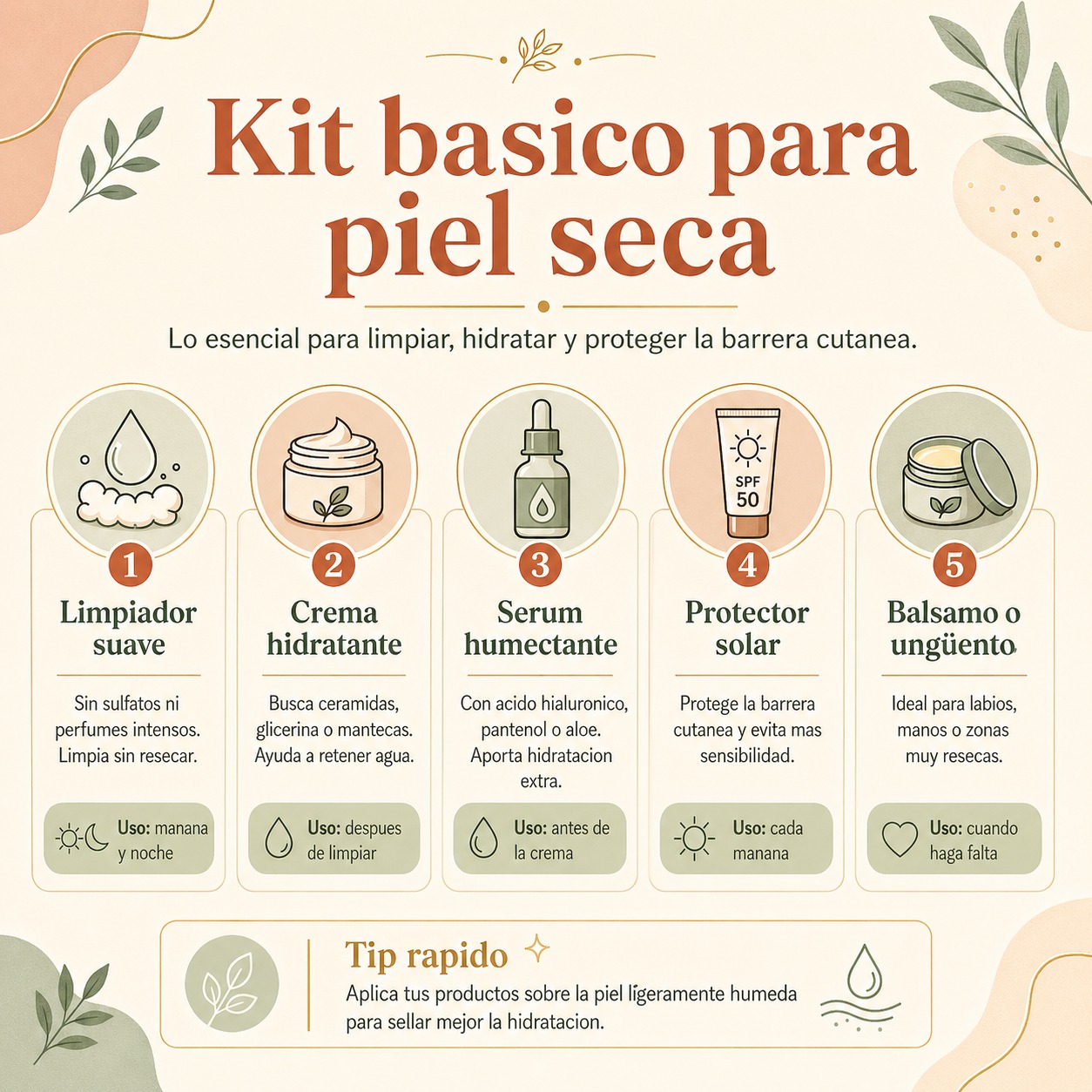 Kit básico de productos para piel seca: limpiador suave, serum, crema hidratante y protector solar organizados por categoría y precio