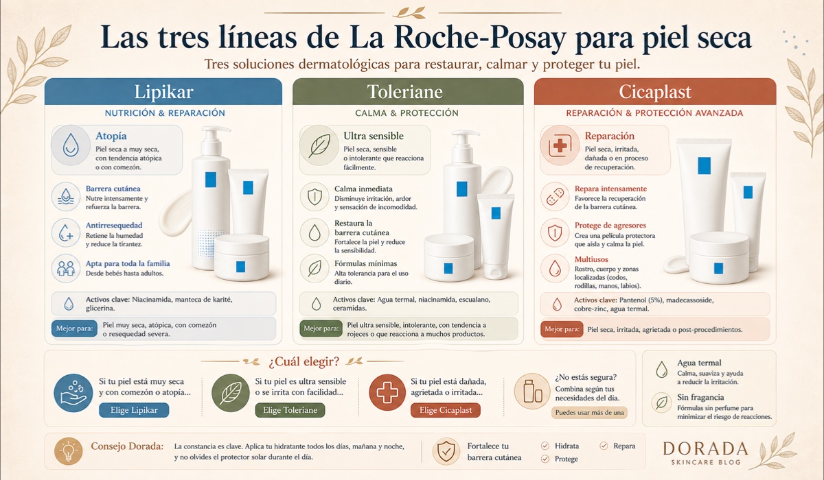 Las tres líneas de La Roche-Posay para piel seca: Lipikar (atópica), Toleriane (ultra sensible) y Cicaplast (reparación)