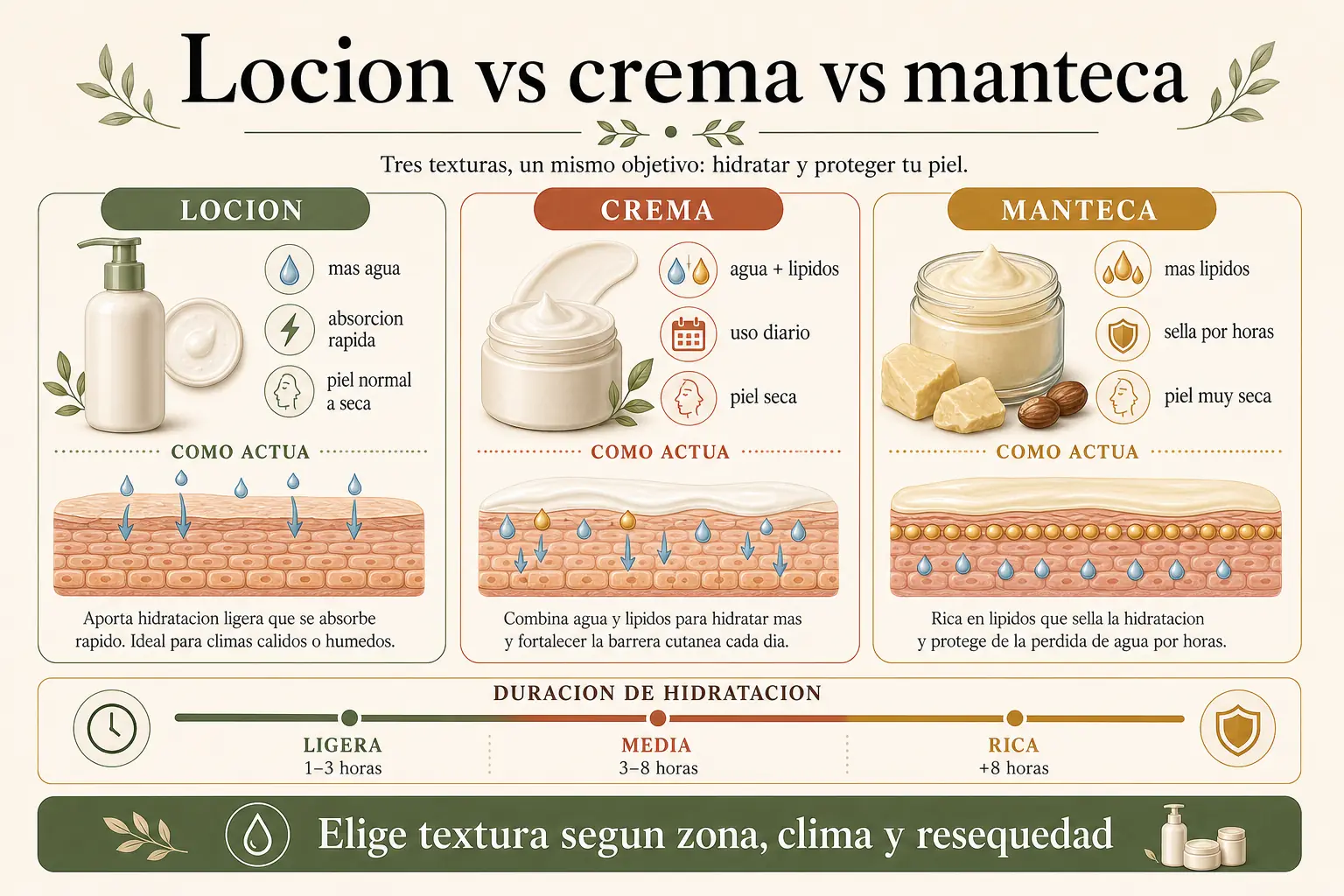 Comparativa de texturas: locion, crema y manteca corporal con su mejor uso según tipo de piel y clima