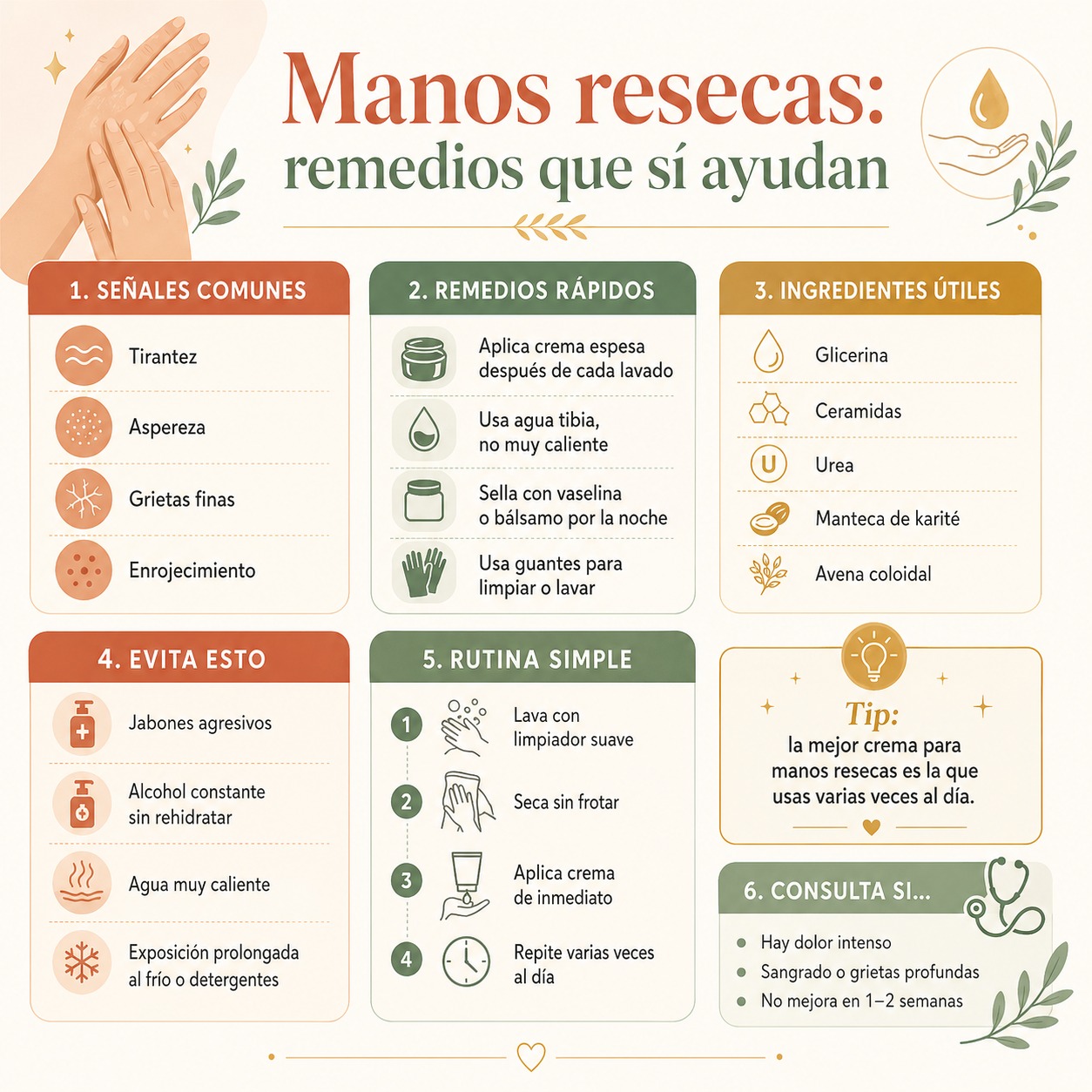 Remedios y tratamientos para manos resecas: ingredientes clave, rutina de reparación y habitos que marcan la diferencia