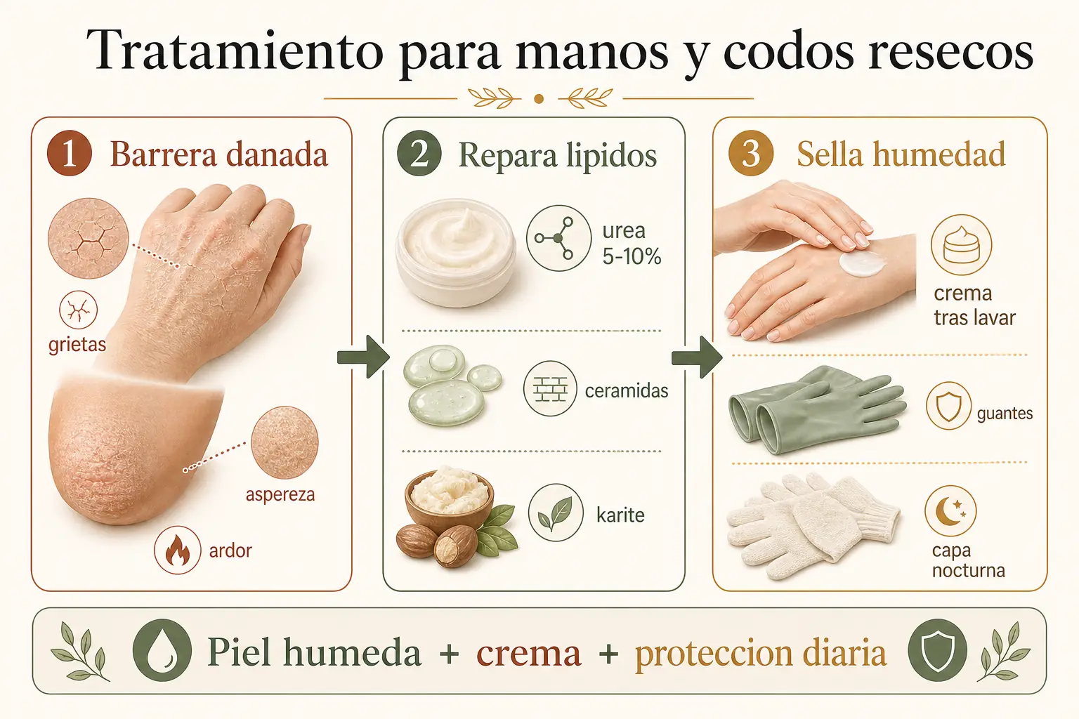 Tratamiento para zonas resecas como codos y manos: urea, ceramidas, karite, guantes y capa nocturna