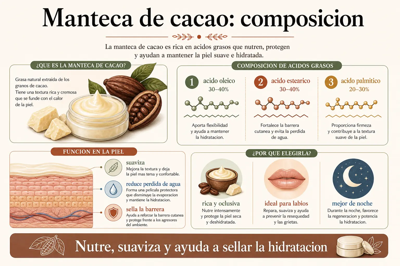 Composición de ácidos grasos de la manteca de cacao y su función en la hidratación de piel seca