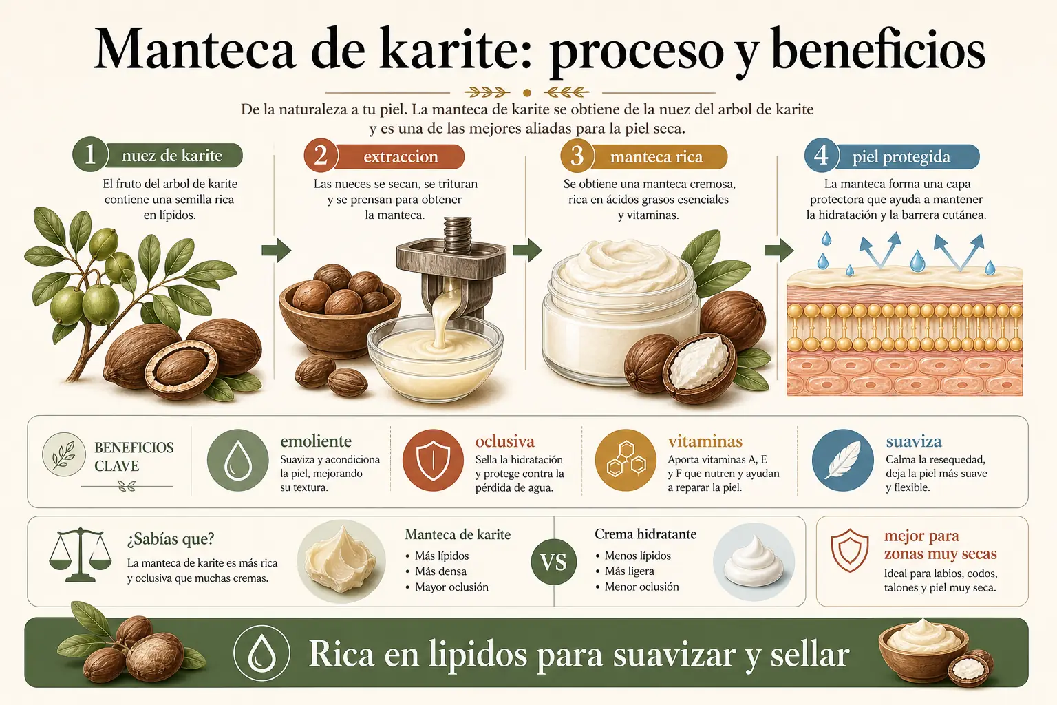 Sebo de res vs manteca de karite: proceso de obtencion y comparación de perfiles lipidicos para piel seca