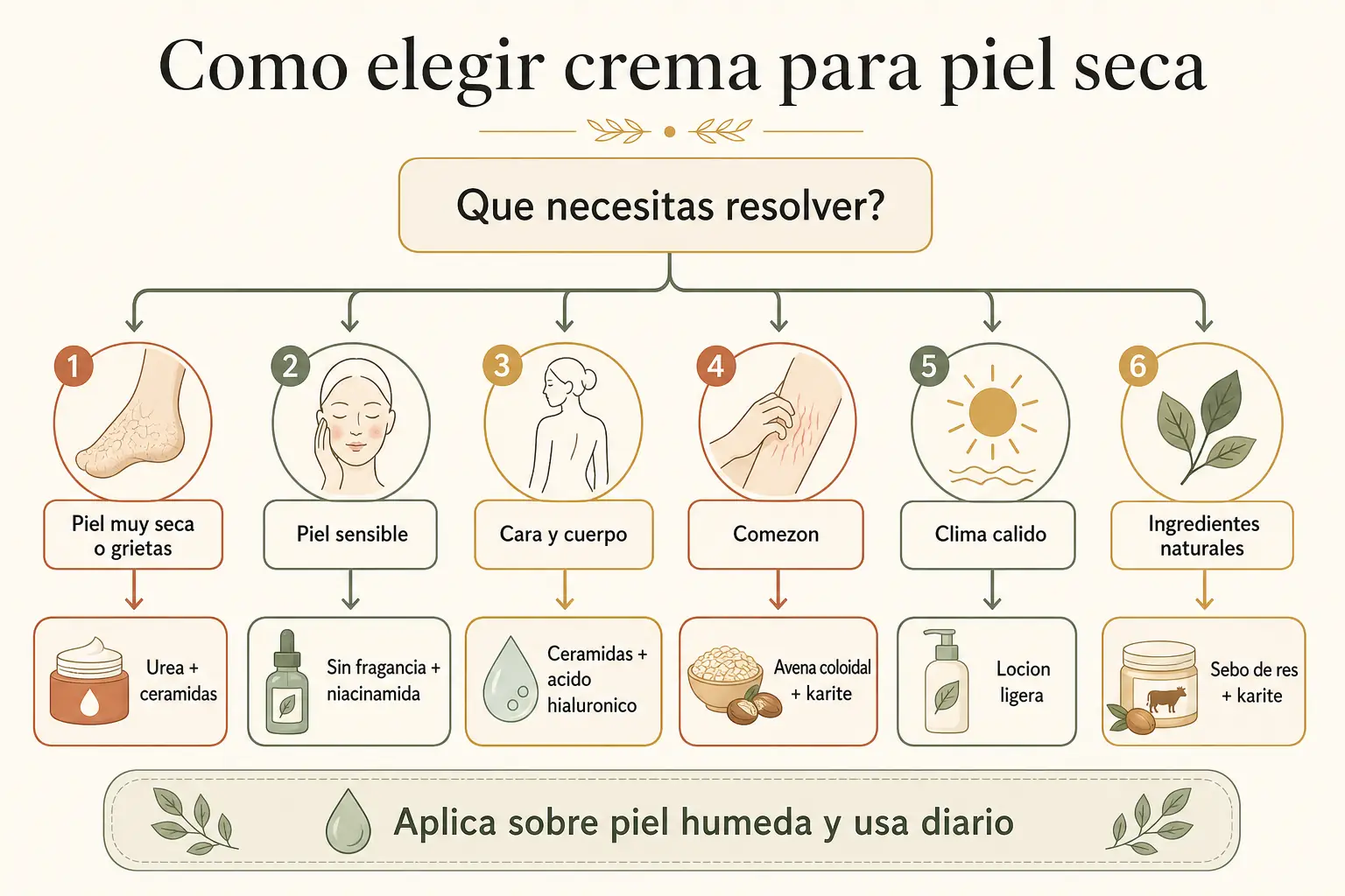 Arbol de decision para elegir crema para piel seca según grietas, sensibilidad, cara y cuerpo, comezón, clima calido o ingredientes naturales