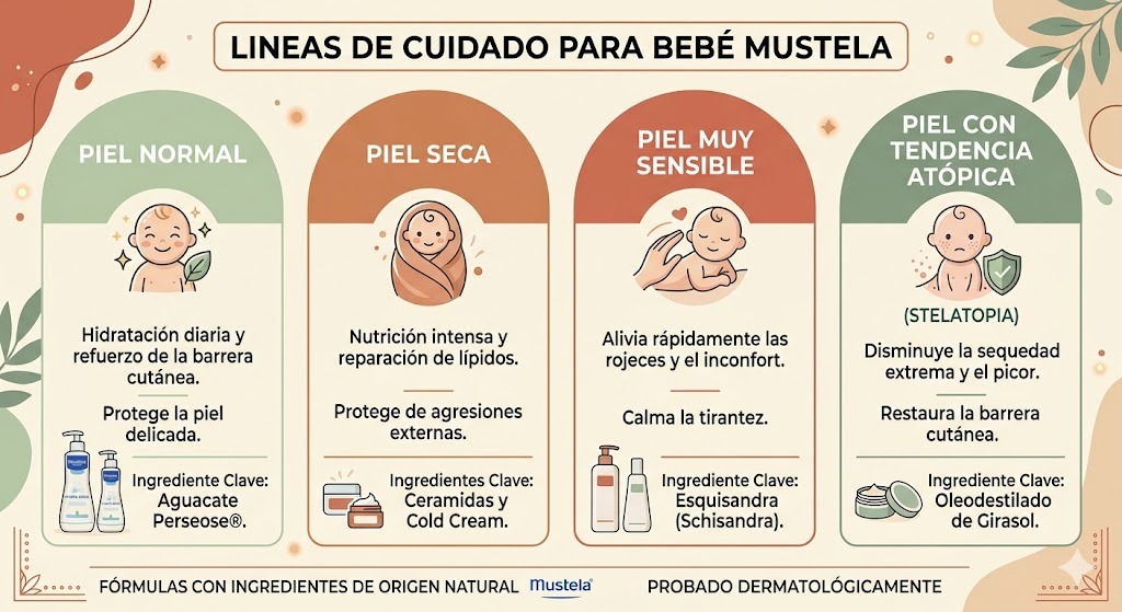 Lineas Mustela para bebe: Stelatopia para atopia, Hydra Bebe para hidratación general, con ingredientes y precios