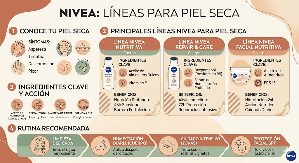 Comparación de las diferentes líneas Nivea para piel seca: Creme, Regeneración Intensiva, Body Milk y Extra Seca con ingredientes y precios